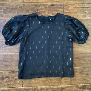 Madewell Metallic Jacquard Puff-Sleeve Top Black with Gold Button Neck Size XXS
